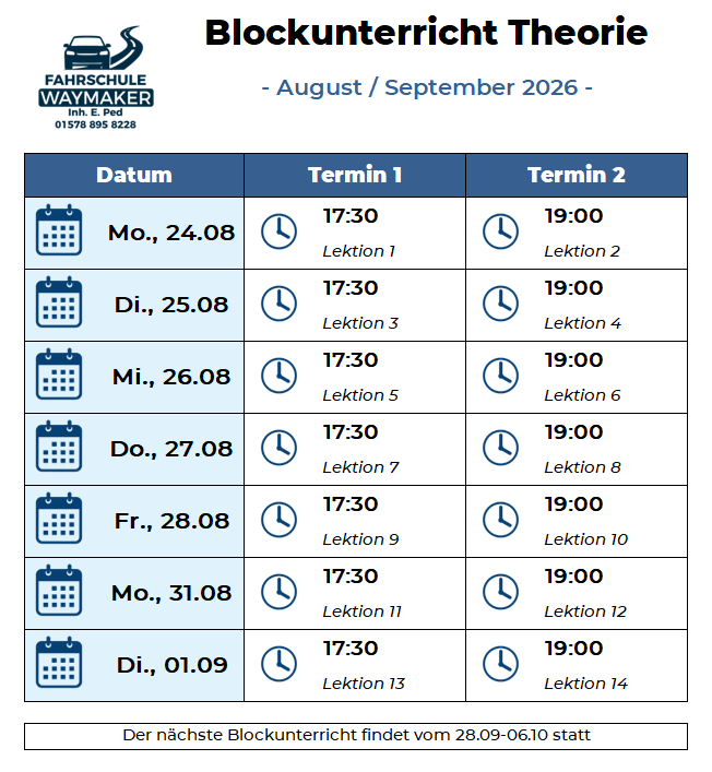 Aktuelle Termine für den Blockunterricht